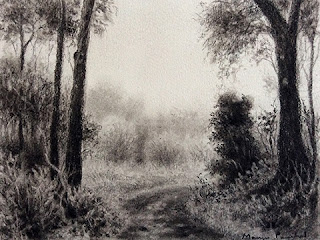 Charcoal drawing of a landscape from Coorg By Manju Panchal