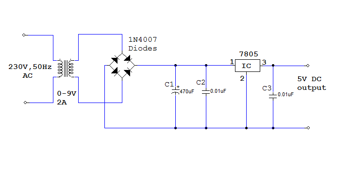 5V POWER SUPPLY USING 7805 IC FROM 230V AC MAINS | MyCircuits9