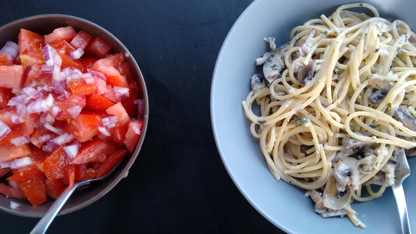 ANNAMAYA KOSA Creamy Mushroom Aubergine Spaghetti with Tomato Salad