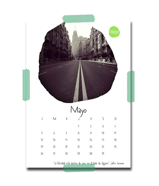 Calendario de mayo por Esturirafi con una fotografía de la Gran Vía de Madrid un 2 de mayo