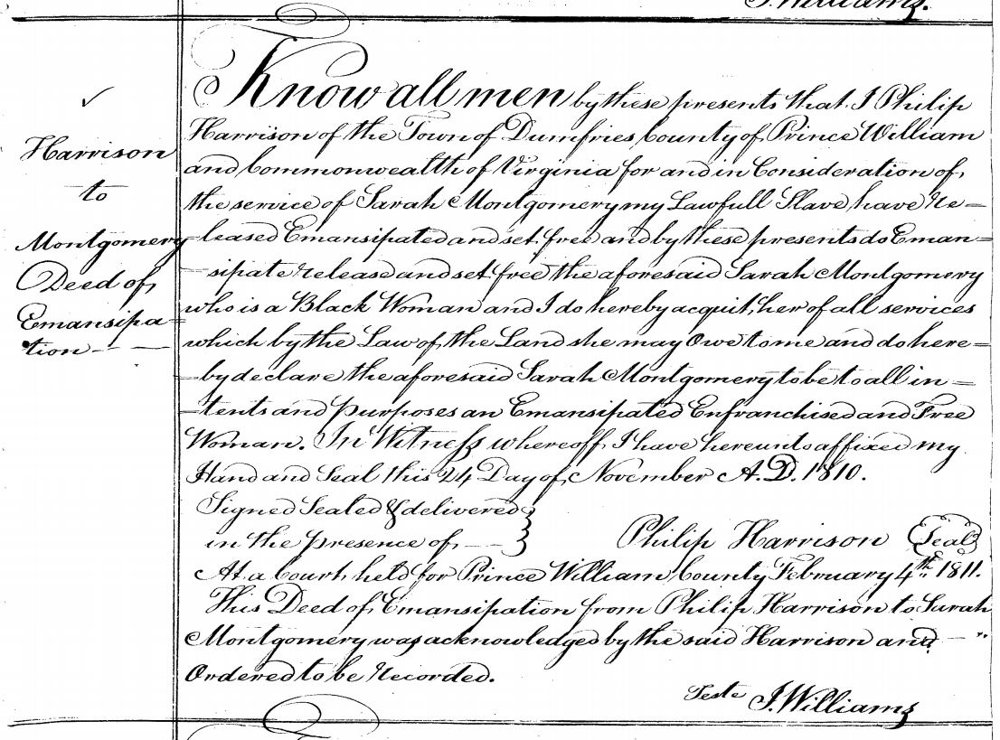 Prince William County Genealogy Deed of Emancipation Harrison to