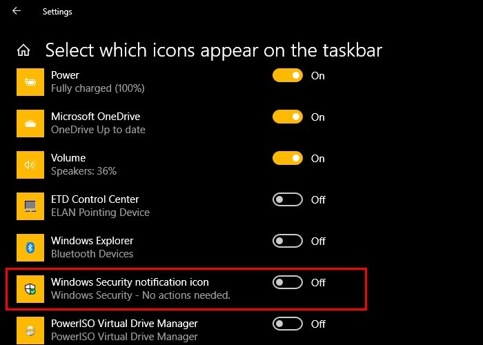 How to hide or show Windows Security icon on Taskbar via settings, regedit, gpedit