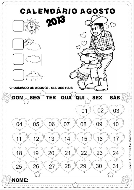 Calendários Dia dos Pais Agosto 2013 Turma da Mônica