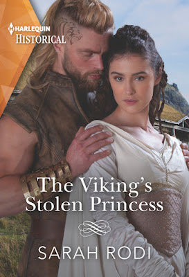 The Viking's Stolen Princess by Sarah Rodi book cover. A rough viking embraces a woman with brown hair and a white dress from behind.