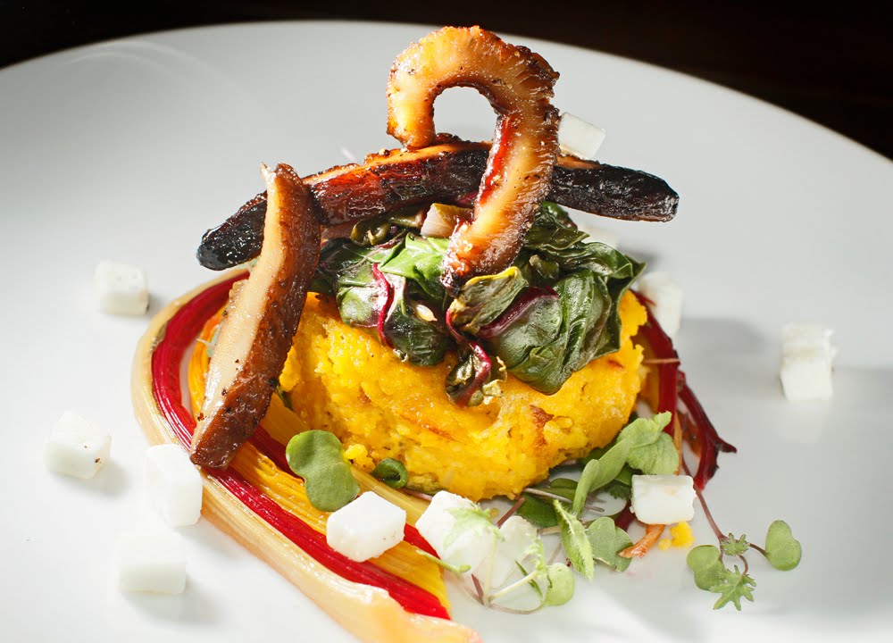 The Chubby Vegetarian Smoked Shiitake Bacon over Sweet Potato Grits