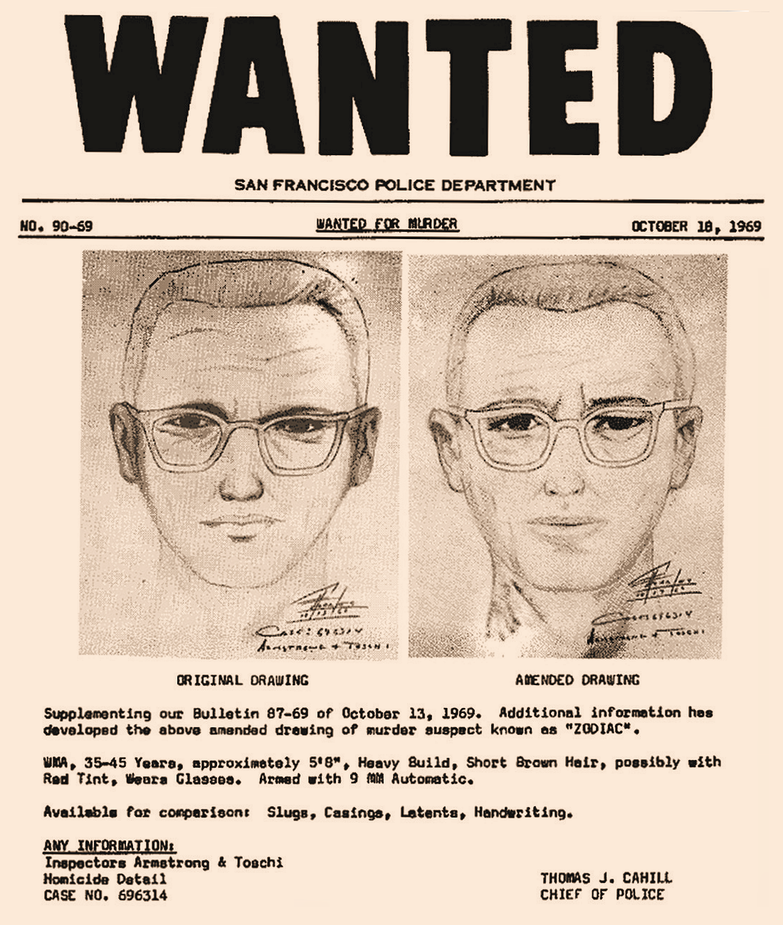 Zodiac's "Wanted" poster. The composite pencil sketch of the Zodiac killer, original and amended version.