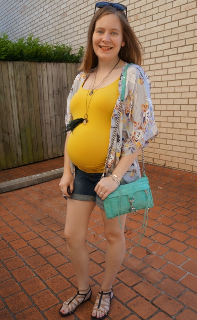 Away From Blue | Bright and Colourful Second Trimester summer maternity pregnancy outfit singlet shorts kimono