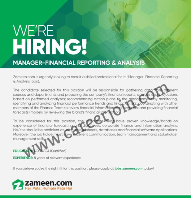 Zameen Pakistan Jobs Manager Financial Reporting & Analysis 2021