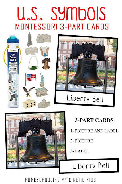 Montessori 3-Part Cards for US Landmarks to match the Safari Ltd USA toob.  Great for map work, travel, sensory bins, and more.