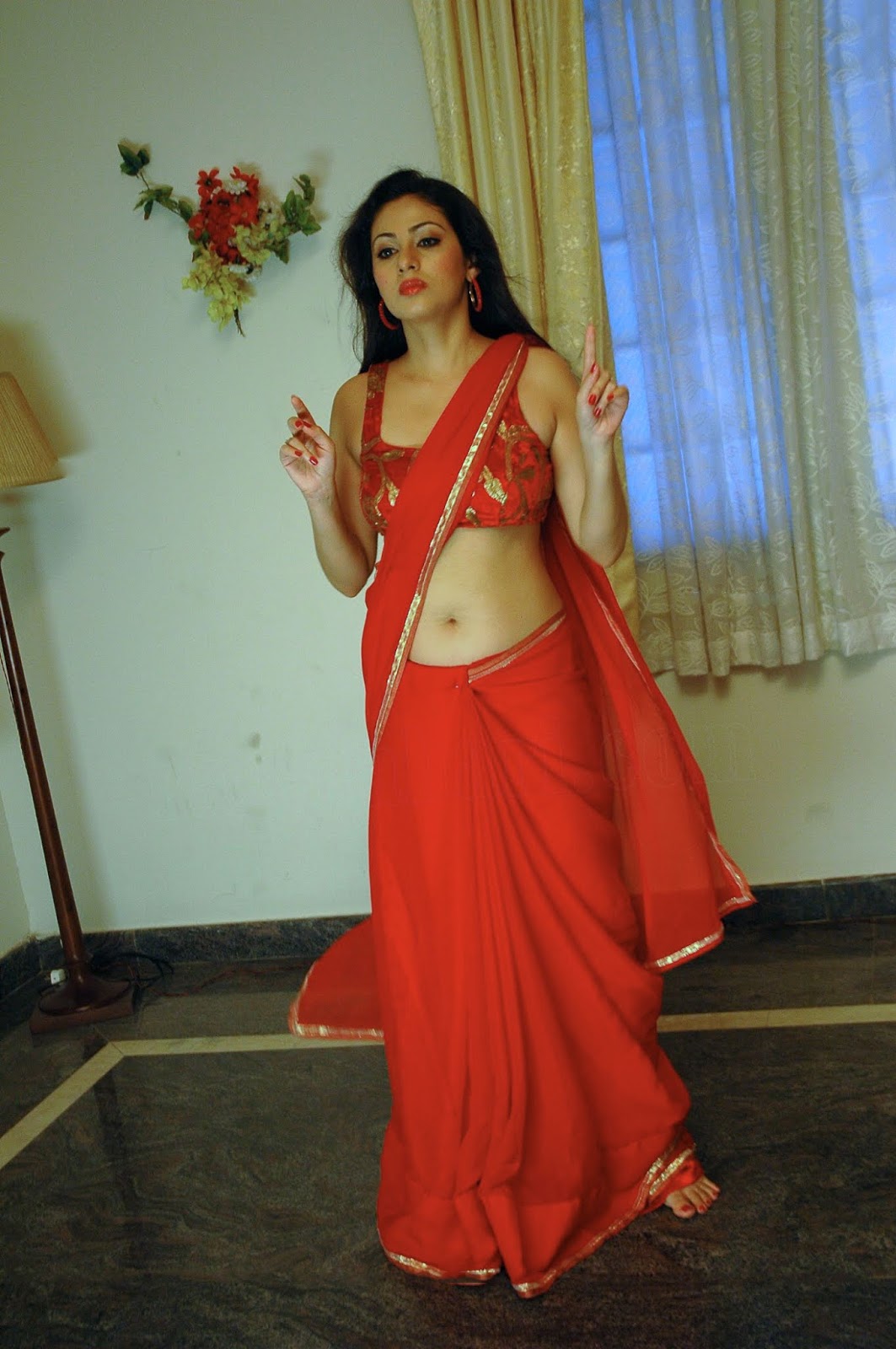 Sadha Armpit And Navel In Red Saree