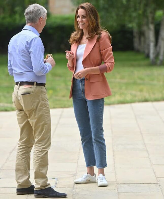 Kate Middleton wore a new safari poudre wool jacket from Chloe, and nadalia top from Ralph Lauren, and blue jeans from Other Stories
