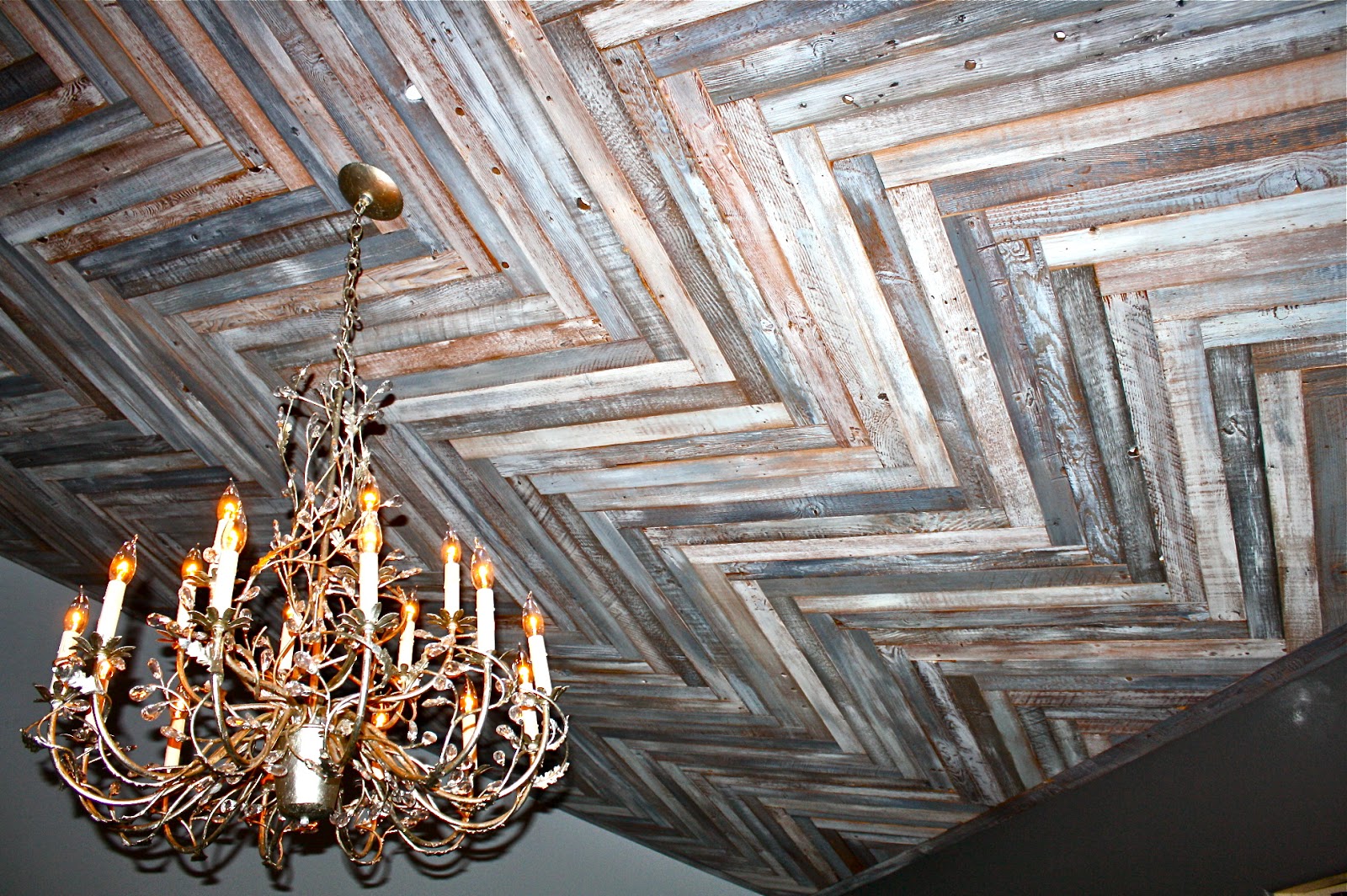 MakeMePrettyAgain Reclaimed Wood Herringbone Pattern Ceiling Project!!!!