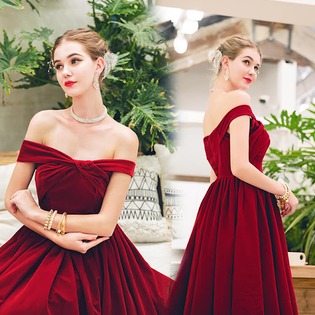  Sexy Burgundy OFF Shoulder Velvet Party Prom Dress