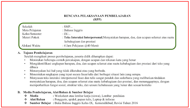 Lengkap RPP Bahasa Inggris 1 Lembar SMP Kelas 9 Terbaru