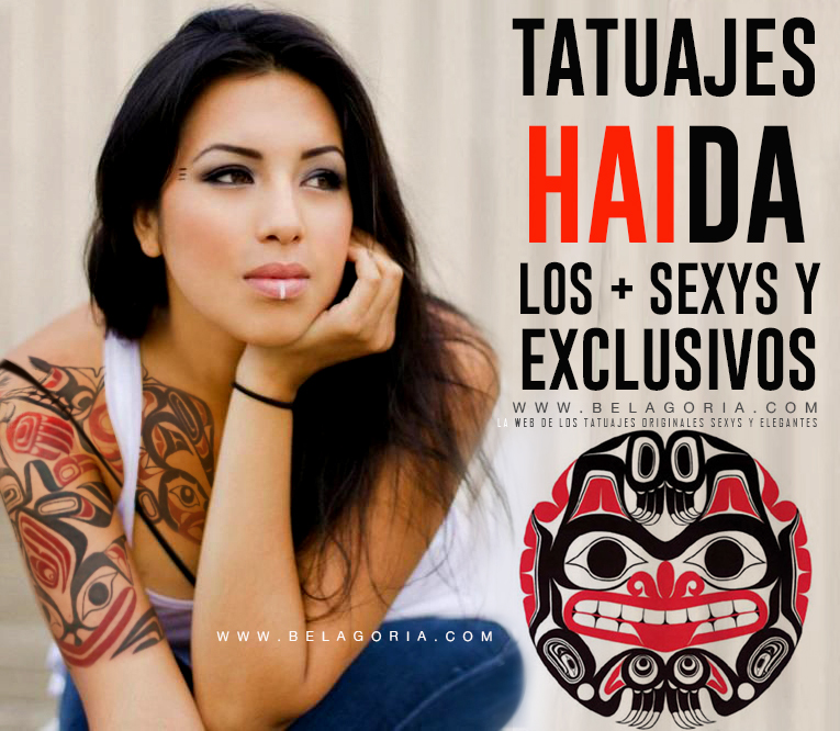 vemos una mujer latina bellisima con tatuajes haida en el brazo 