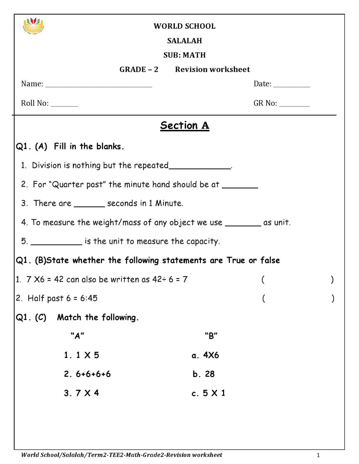 Birla World School Oman: Homework for Grade 2 as on 12/04/2018