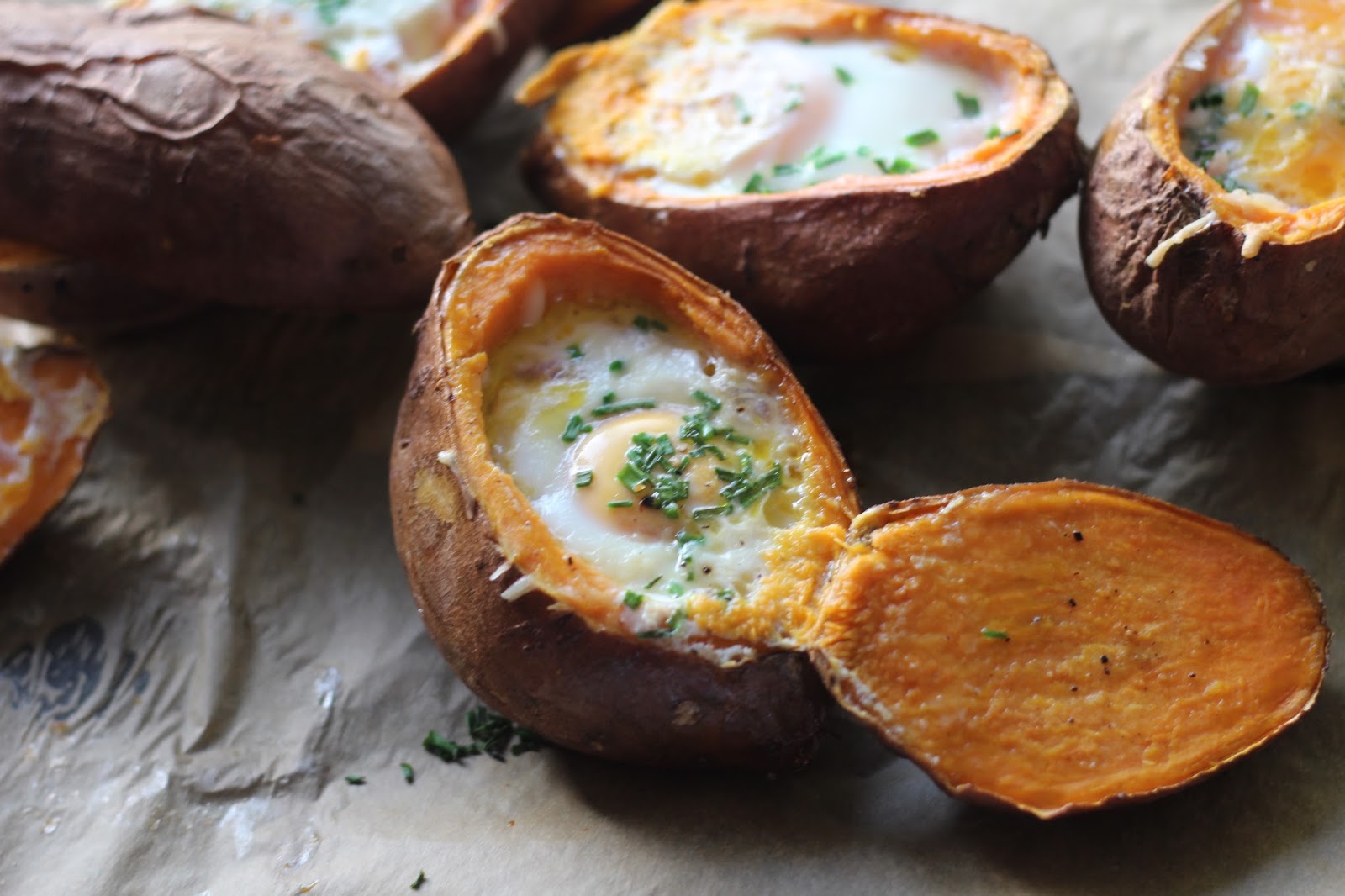Breakfast Sweet Potatoes Eggs Baked in Sweet Potatoes with Cheese