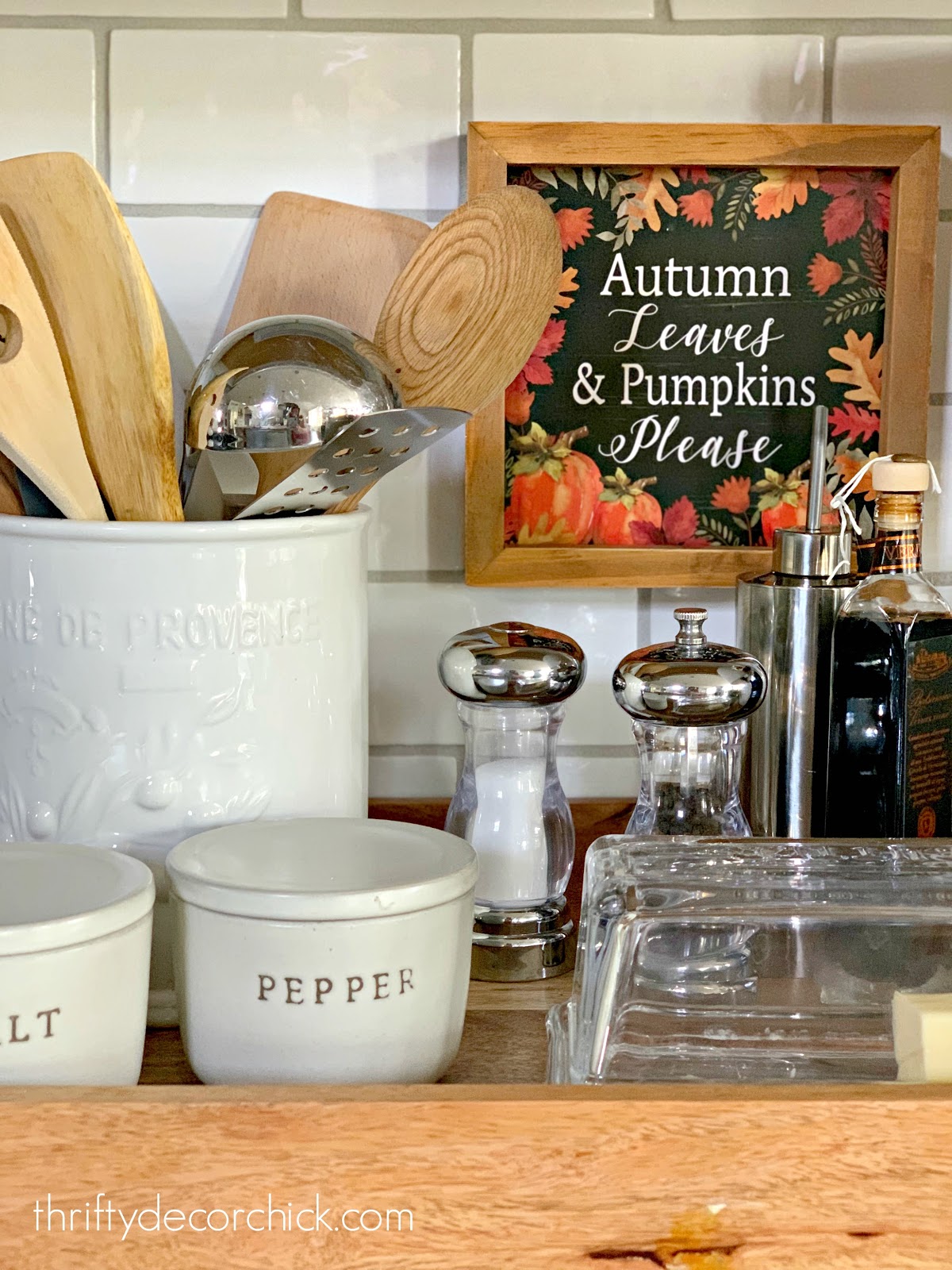 Tray on kitchen counters with cooking necessities 