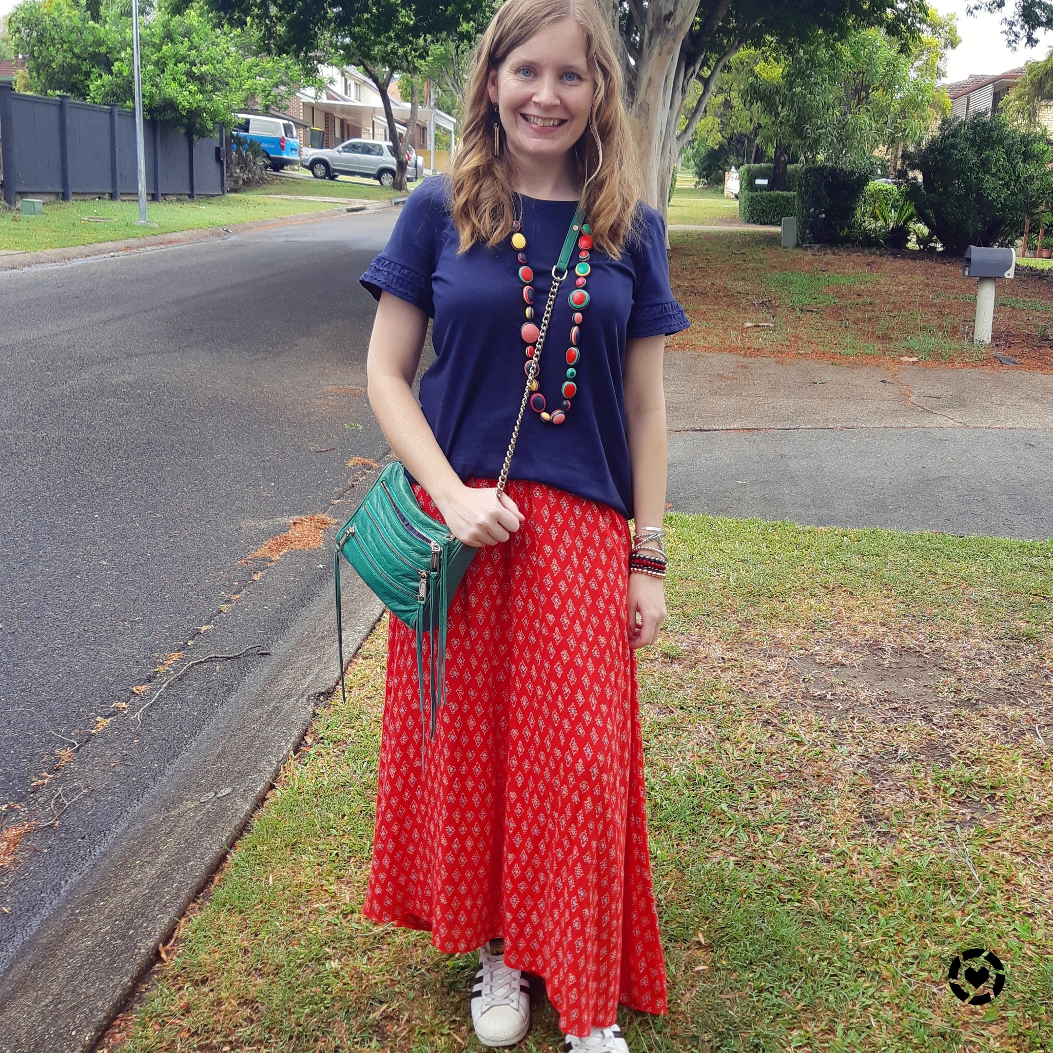 Away From Blue, Aussie Mum Style, Away From The Blue Jeans Rut: Blue and  Red: Printed Maxi Skirt Outfits With Louis Vuitton Neverfull
