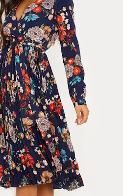 Navy Floral long sleeve midi dress front side