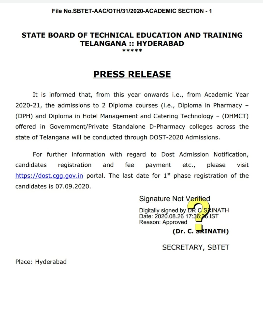 SBTET DPH & DHMCT Last Date For 1st Phase Registration Fee Press Release
