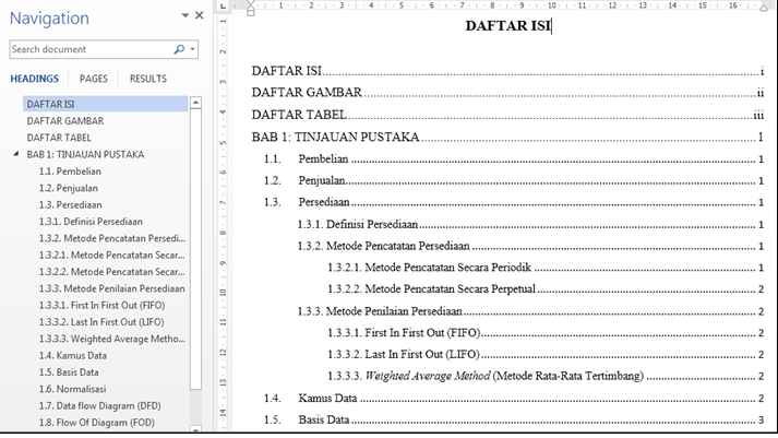 Contoh hasil Table Of Content
