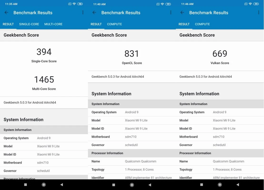 Benchmark Geekbench 5 Xiaomi Mi 9 Lite