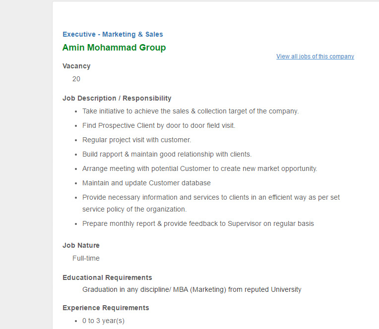 amin mohammad group post executive marketing sales jobs door to door sales job description