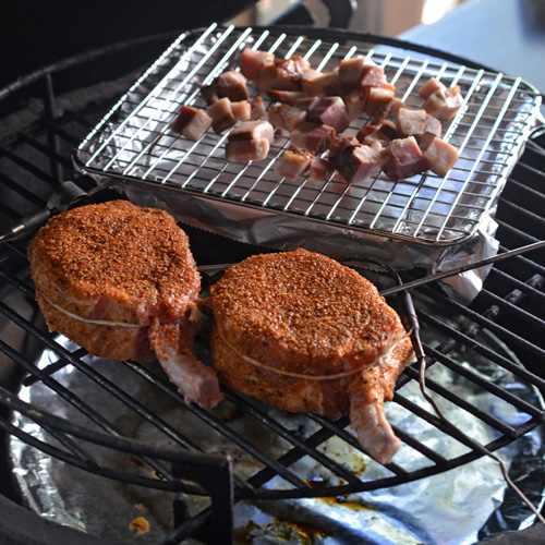 Reverse searing Bourbon Brown Sugar Pork Chops on the Big Green Egg