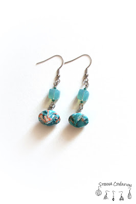 Boucles oreilles pâte polymère canne géométrique Mica Shift turquoise corail blanc Sculpey Cernit Fimo Stenna