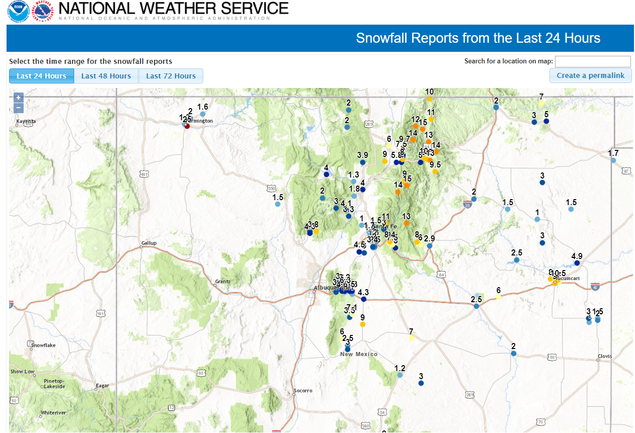 New Mexico Snowfall Totals Nov 12th, 2018.