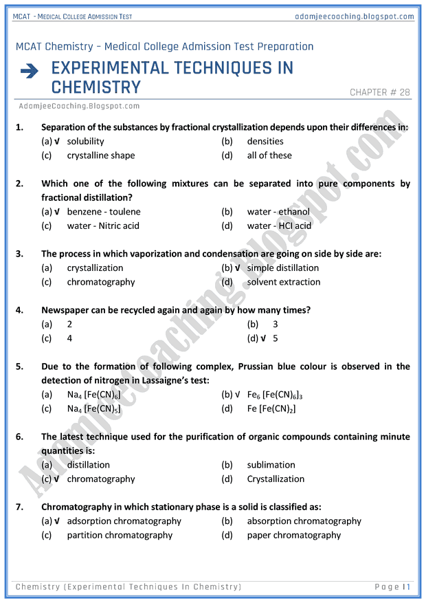 Adamjee Coaching MCAT Chemistry [Experimental Techniques In Chemistry