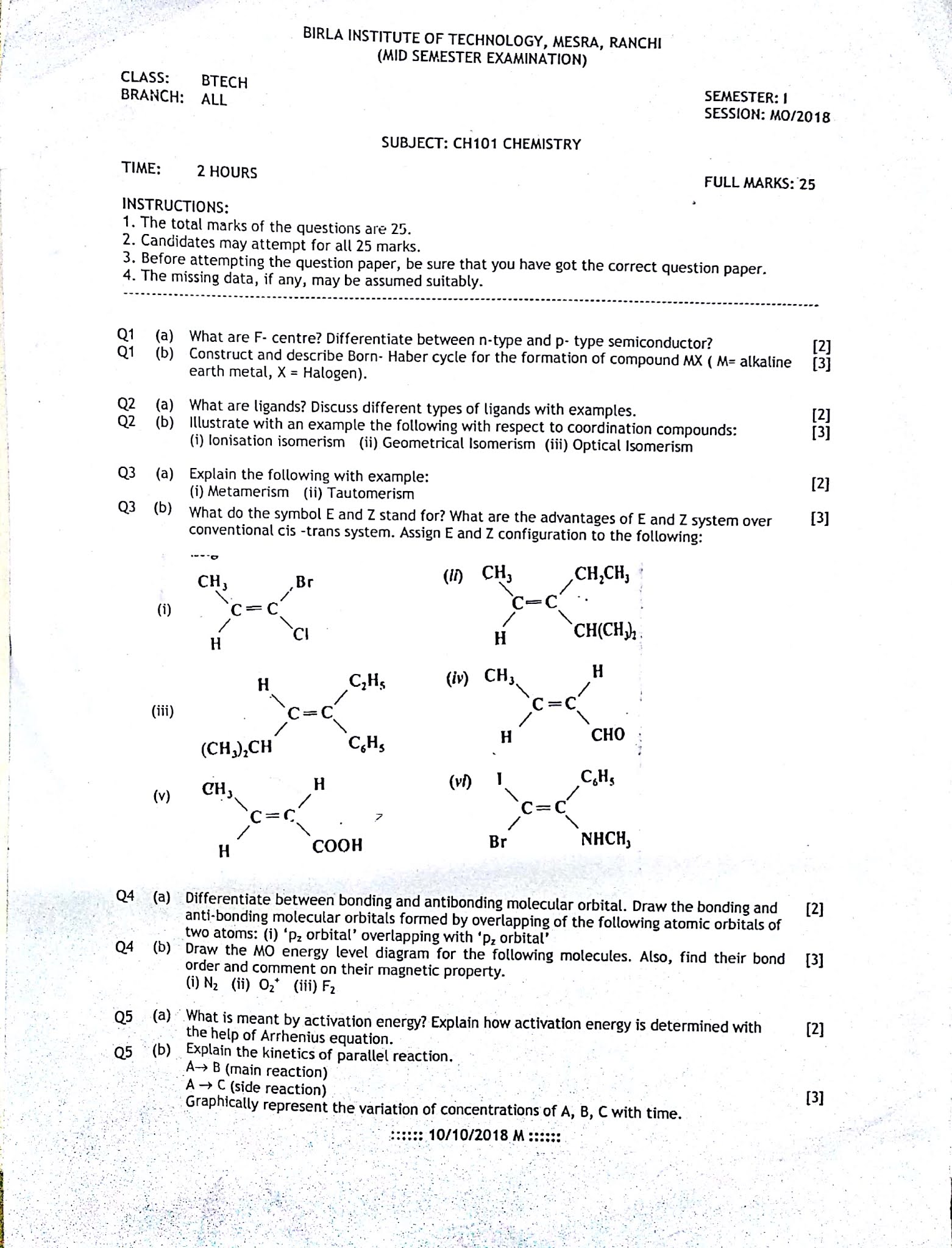 CH101 Chemistry bit mesra BTECH 1st year question paper