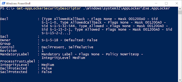 PowerShell console showing the security output by the script from Exe.Applocker policy file.