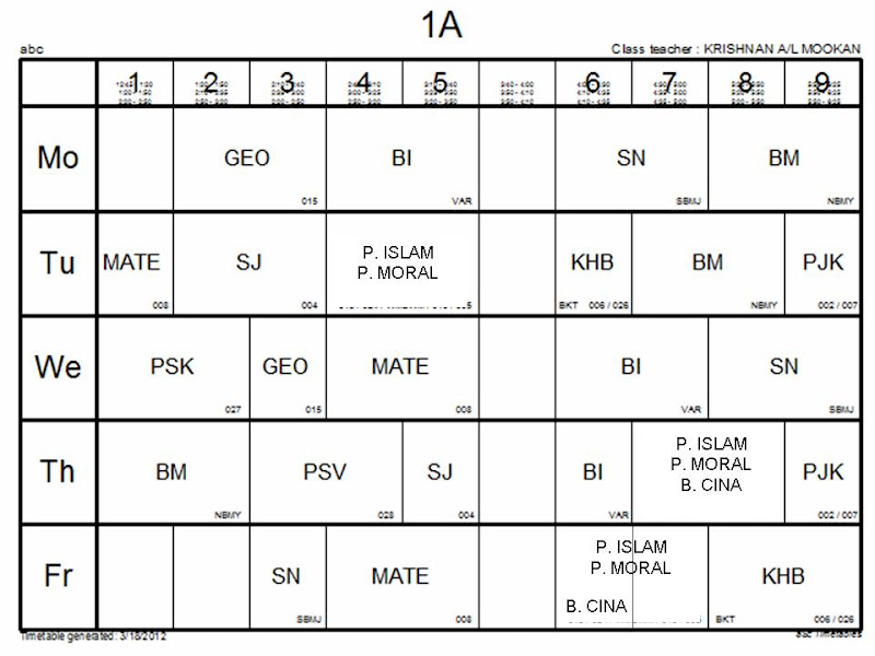 JADUAL WAKTU SESI PETANG 2012: TINGKATAN 1A