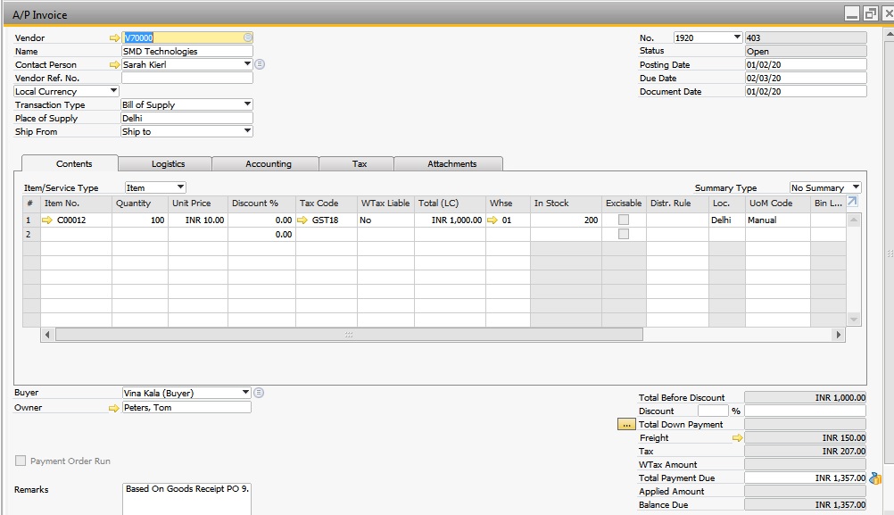 SAP Business One Knowledge Manage Freight Charges in Purchasing Document