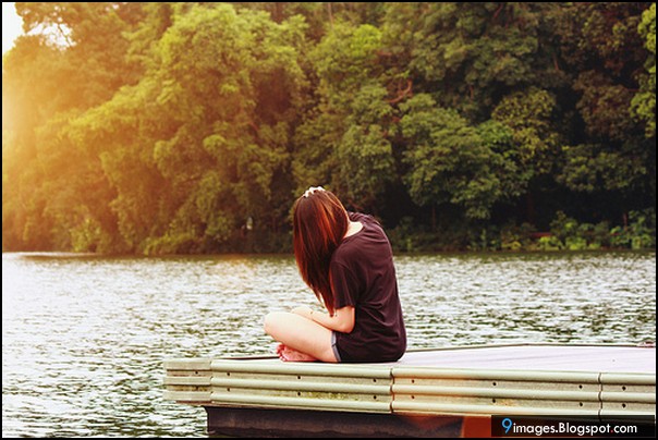 Lake, sad, alone, girl, cute, sunset