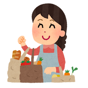 買い物のイラスト「野菜とパンを買う主婦」