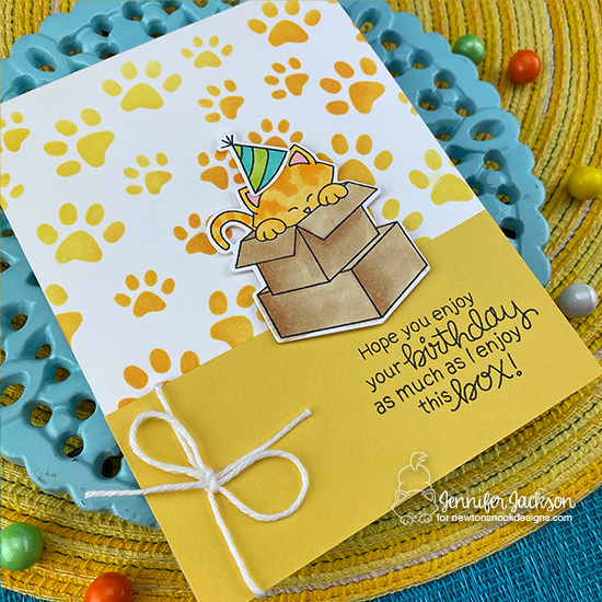 Cupcake Inspirations Challenge #500 | Cat Birthday Card by Jennifer Jackson | Newton Loves Boxes Stamp Set, Newton Loves Cake Stamp Set and Pawprints Stencil by Newton's Nook Designs #newtonsnook #handmade