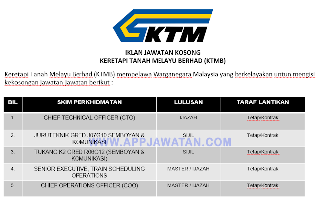 Jawatan Kosong di Keretapi Tanah Melayu Berhad (KTMB)