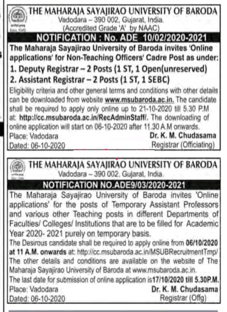 MSU of Baroda Recruitment for Various Posts 2020