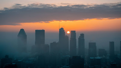 City, Aerial view, Sun, Sunset, Fog