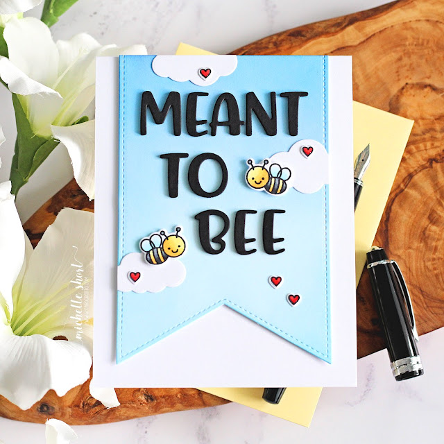 Sunny Studio Stamps: Slimline Pennant Dies Chloe Alphabet Dies Just Bee-cause Card by Michelle Short