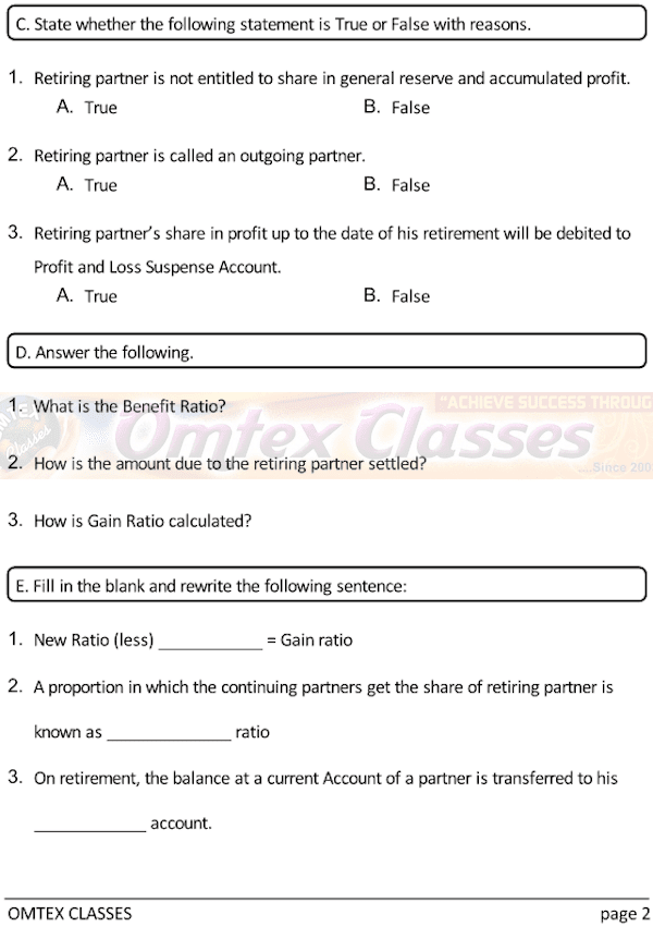 Accounts Test No. 4. Class: 12th Standard Maharashtra Chapter 4: Reconstitution of Partnership (Retirement of Partner)