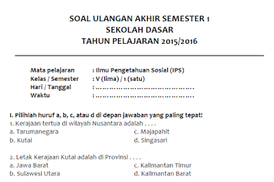 Soal Latihan UAS IPS Semester 1 Kelas 5 SD/MI