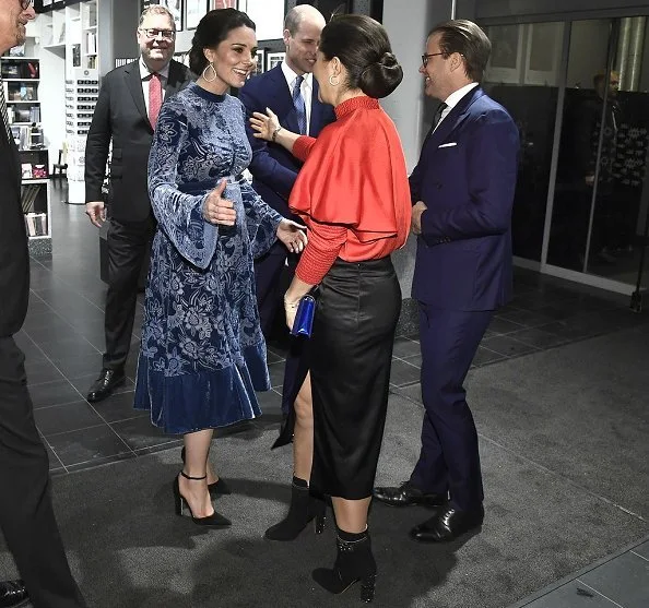 Kate Middleton wore ERDEM Christina Devore Velvet Midi Dress. The Duchess wore a black coat by well known Swedish designer Ida Sjöstedt. Crown Princess Victoria