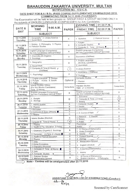 BZU Date Sheet for B. A/B. Sc Supplementary Exam 