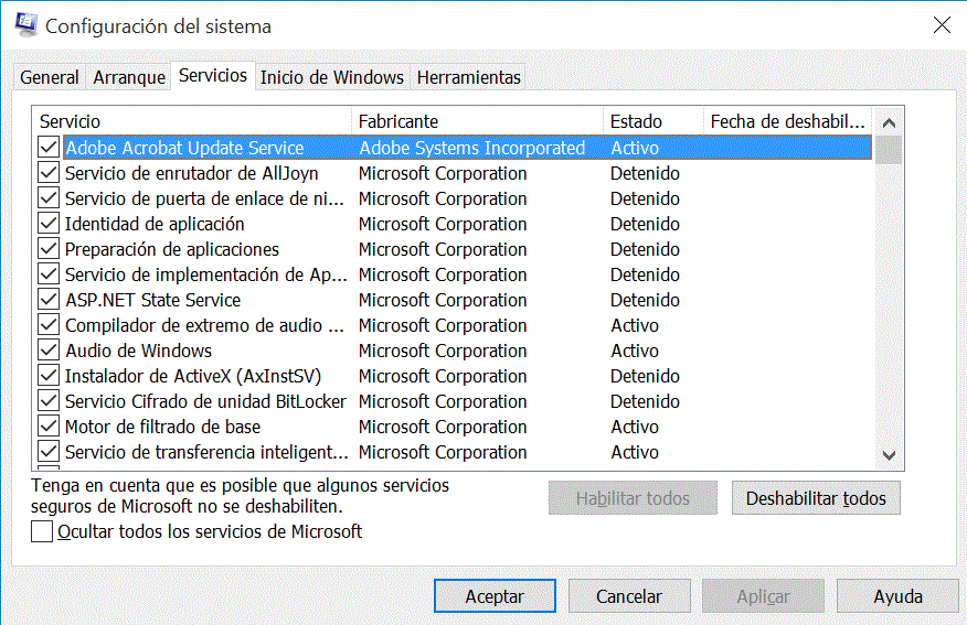 Activar y desactivar servicios de Windows, mediante msconfig