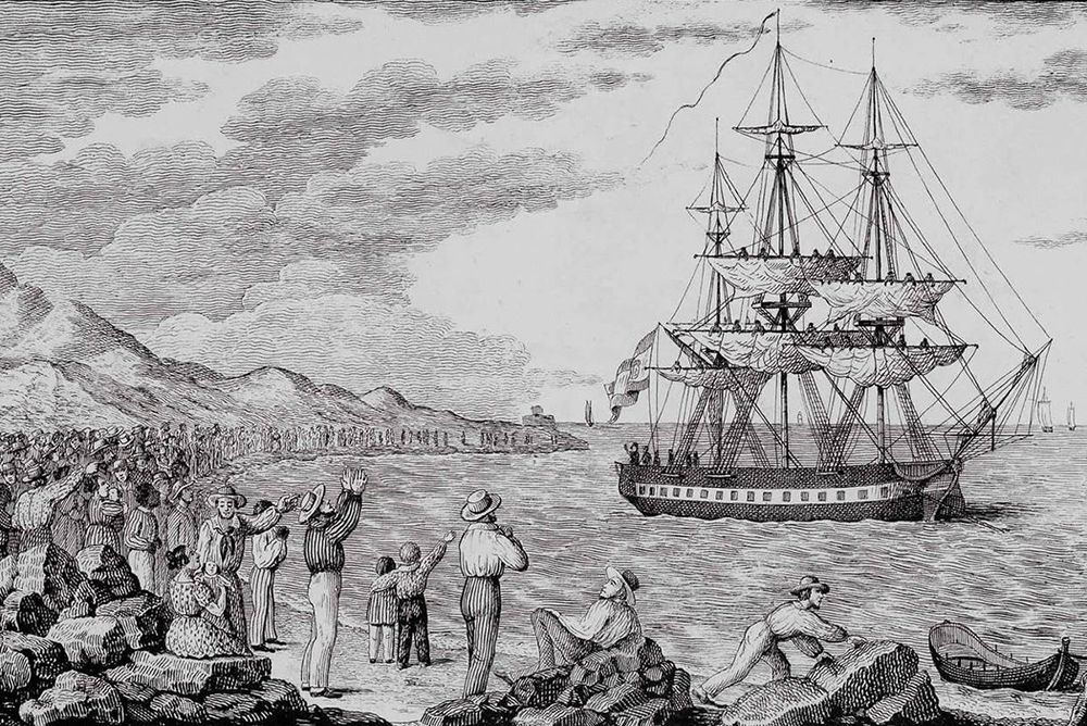 The corvette María Pita departs from the port of La Coruña in 1803.