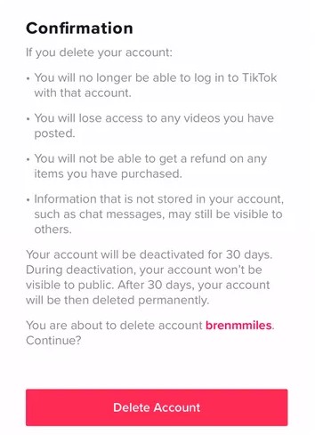 Confirm deleting TikTok account